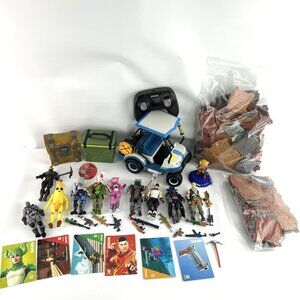 Fortnite 4 inch Lot Of 10 Figures w/ Misc Weapons Car Loot Boxes Building Pcs
